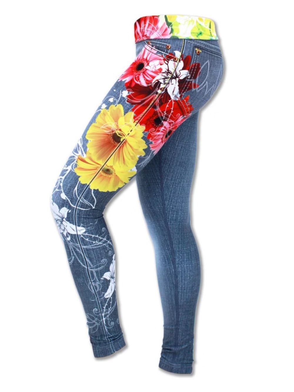 INKnBURN INB Denim Blue Wildflower Tights Pink Yellow Floral Print size four (4) - Picture 1 of 11